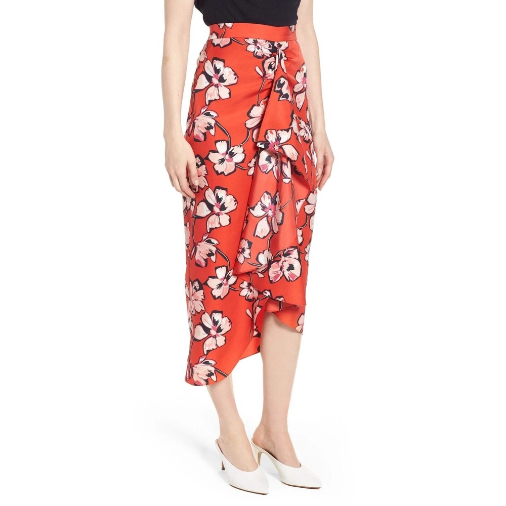 Lewit Red Floral Faux Wrap‎ Silk Ruffle Midi Skirt Size 16